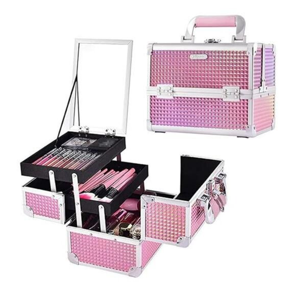 Makeup Train Case Pink Travel Cosmetic Box Lockable Organizer with Mirror - Picture 7 of 7